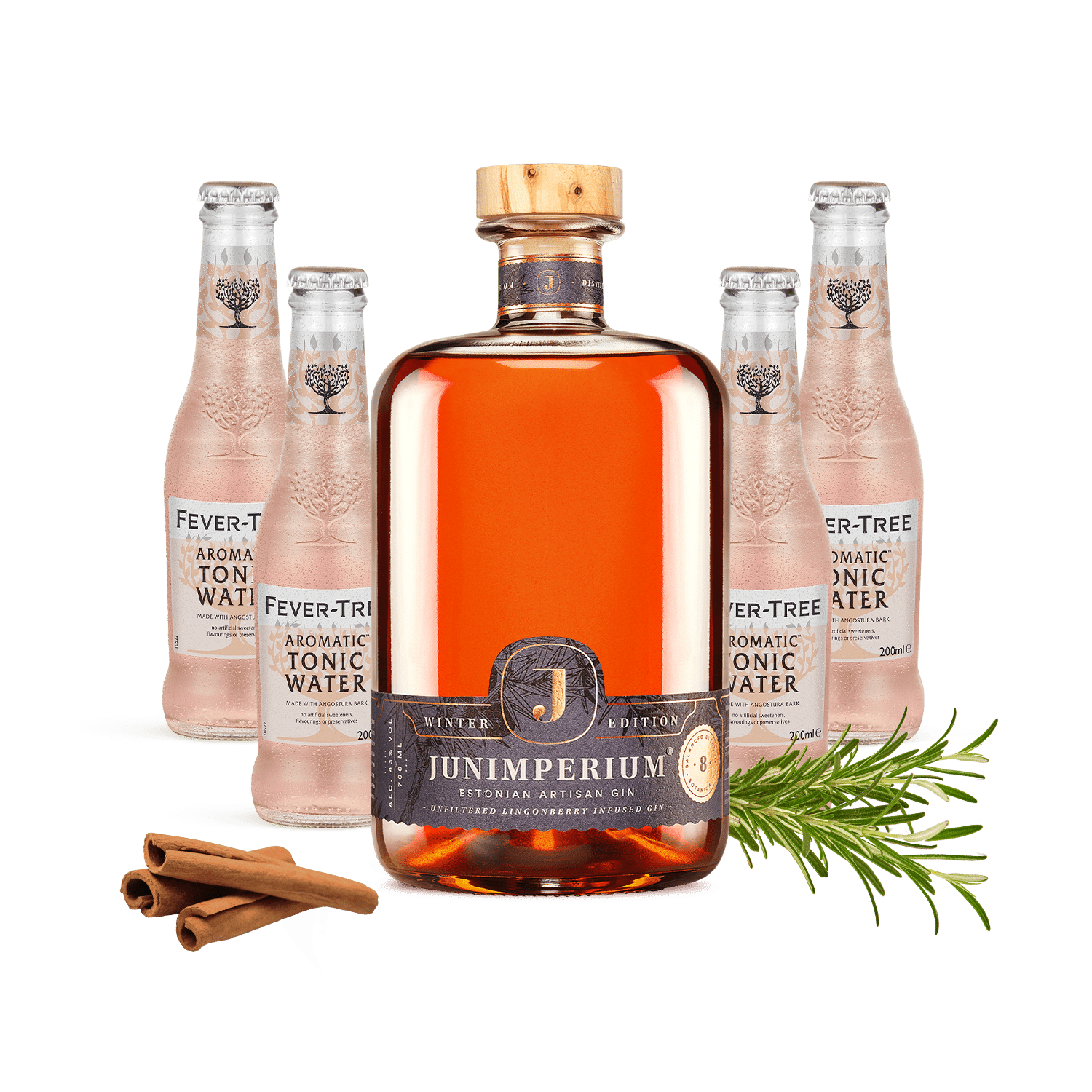 Junimperium Winter Edition gin with aromatic tonic, rosemary and cinnamon garnish